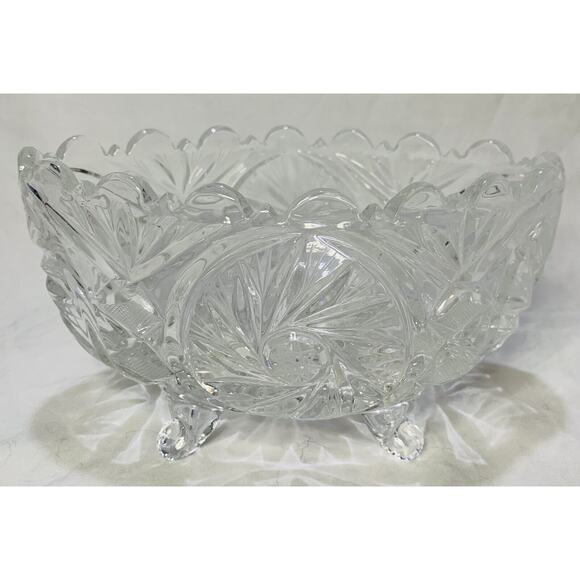 Vintage Candy Holder Sawtooth Crystal 7" Oval Diamond Cut Pinwheel Glass W/ Feet - Picture 4 of 8